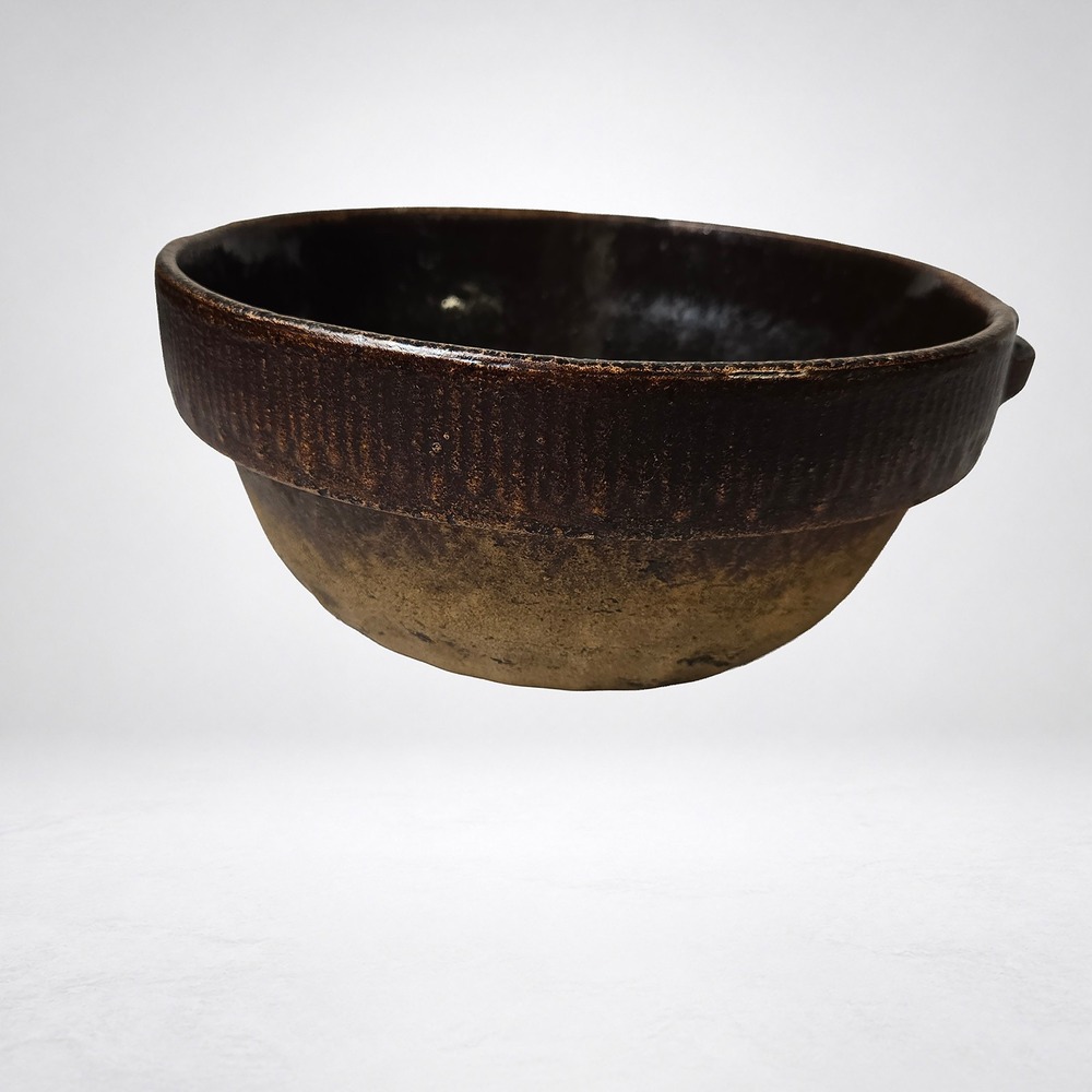 Antique Primitive Stoneware Bowl Brown Glaze Lug Handles 10.5 in Display Only